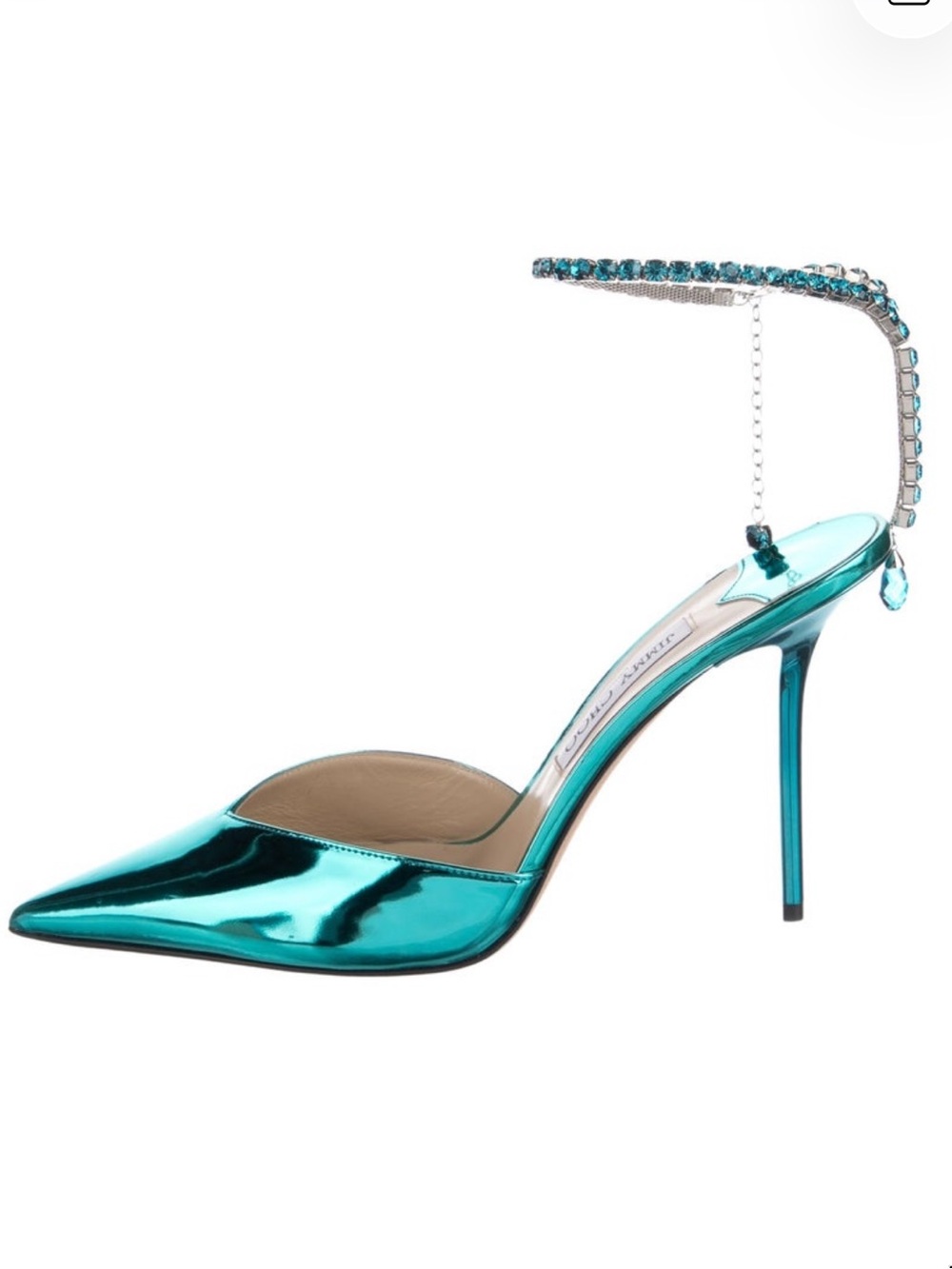 Jimmy Choo Saeda 100 Metallic Teal Pointed Toe Heels with Crystal Anklet - Picture 4 of 16